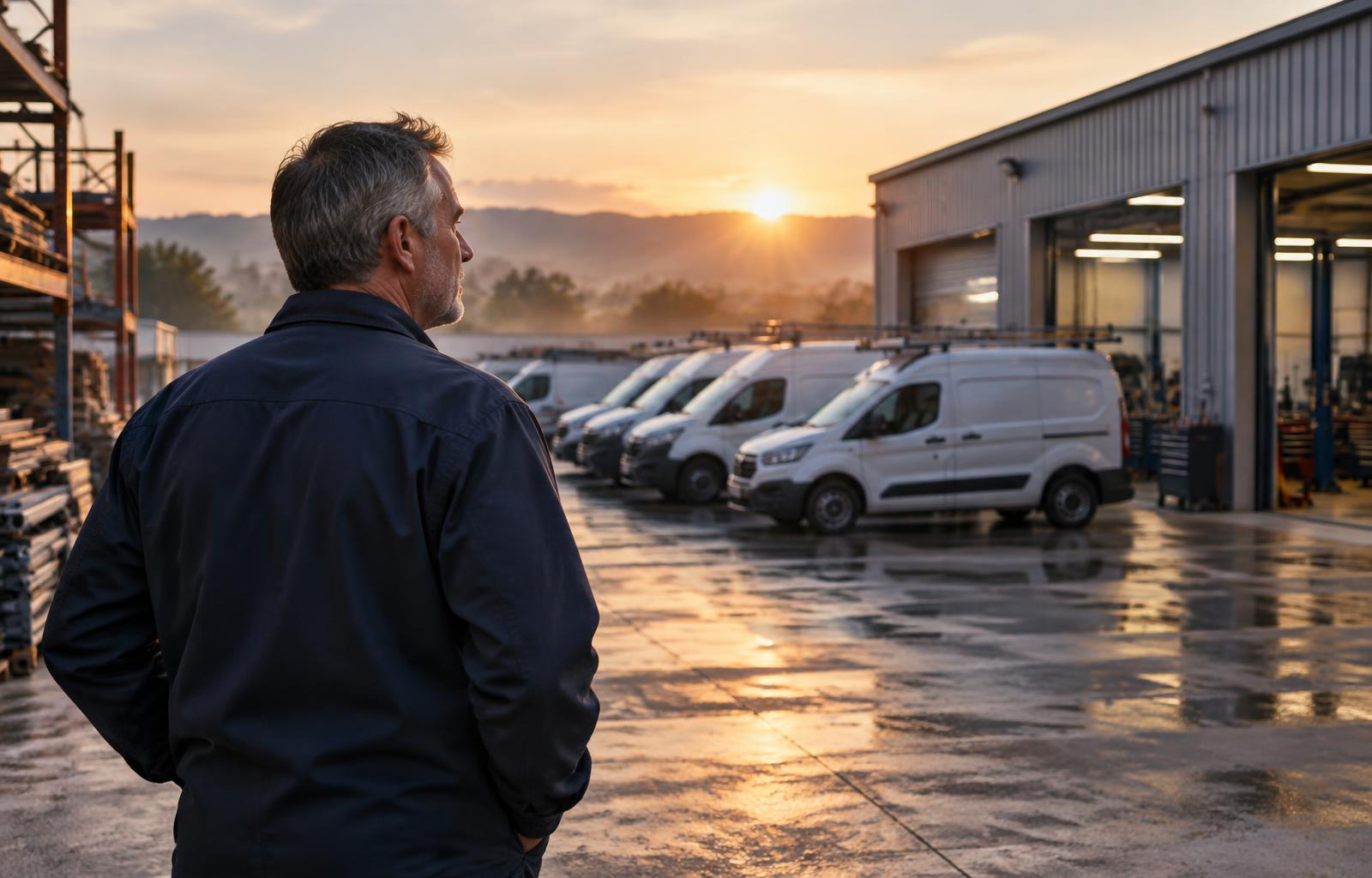 A business owner overlooking a service fleet and workshop at dawn